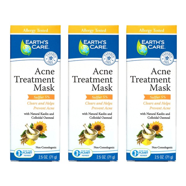 Earth's Care Acne Treatment Mask - 5% Sulfur Cystic Acne Treatment - Acne Medicine for Face Pimples and Blackheads 2.5 OZ (3 Tubes)