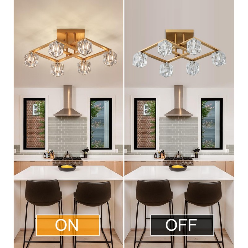 AMZASA Modern Crystal Chandelier,Gold Semi Flush Mount Ceiling Light Antique
