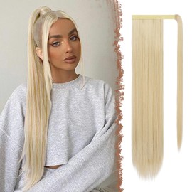 FESHFEN Long Straight Ponytail Extensions Wrap Around Clip in Synthetic Ponytails Hair Piece Pony Tails Extensions Hairpieces for Women, 28 Inch Honey Blonde Mixed Platinum Blonde