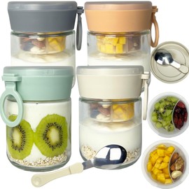 WECKLOM Overnight Oats Containers with Lids Folding Spoons and Silicone Handle Small Glass 16oz Mason Jars for Oatmeal Yogurt Parfait (Upgraded2.0（16oz-4pack）)