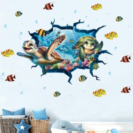 HPNIUB Under The Sea Wall Stickers Ocean Whale Fish Shark Turtle Jellyfish Peel and Stick Sea Animal Broken Wall Removable for Kids Room Bathroom Playroom Wall Stickers