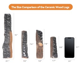 Skyflame Gas Fireplace Logs - 4 Small Pcs Ceramic Wood Logs and Accessories for All Types of Indoor Gas Inserts, Ventless, Propane, Gel, Ethanol, Electric or Outdoor Fireplaces & Fire Pits
