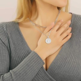 Turandoss Layered Silve Necklaces for Women, 14K White Gold Plated Coin Pendantl Necklace Layering Medallion Necklace Layered Silver Necklace for Women