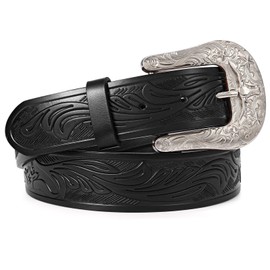 SANSTHS Western Belts for Men Women, Adjustable Mens Cowboy Country Belt for Pants Jeans with Vintage Engraved Leather, Silvery Bull/Black