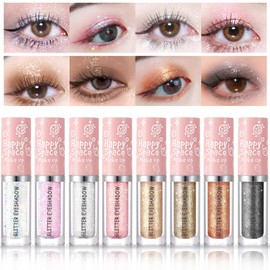 HOSAILY 8 Pcs Liquid Glitter Eyeshadow Eyeliner, Sparkling Metallic Glitter Eye Shadow, Long Lasting Quick Drying High Pigmented Shimmer Eyeshadow Gel for Creates Korean Sparkle Tear Drop Makeup