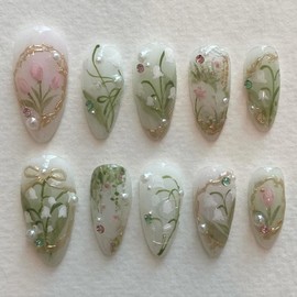 24 Pcs Spring White Press On Nails Short Almond,YEFIUO Summer French Nail Tips Fake Nails Press ons Acrylic Nail Art Kit Rhinestones Orchids Fresh Design Glue on Nails Full Cover False Nails for Women