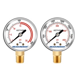 Acetylene Regulator Gauges–Pair of Low Pressure 0-30 psi & High Pressure 0-400 psi, 2.5" Size, 1/4" NPT Thread for Heavy-Duty Regulators