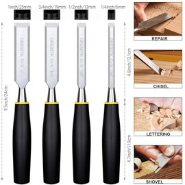 GREBSTK 4PCS Wood Chisel Set, Chrome Vanadium Steel Beveled Blades, 25° Pre-Sharpened Burr-Free Edge, Ergonomic Anti-Slip Handle with Blade Guards for DIY & Woodworking (1/4", 1/2", 3/4", 1")
