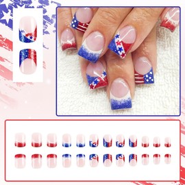 Independence Day Press on Nails 4th of July Short Square Fake Nails Red Blue White Stripe Star Glue on Nails American Flag Red Blue Glitter French False Nails for Women Patriotic Nail Decoration 24Pcs