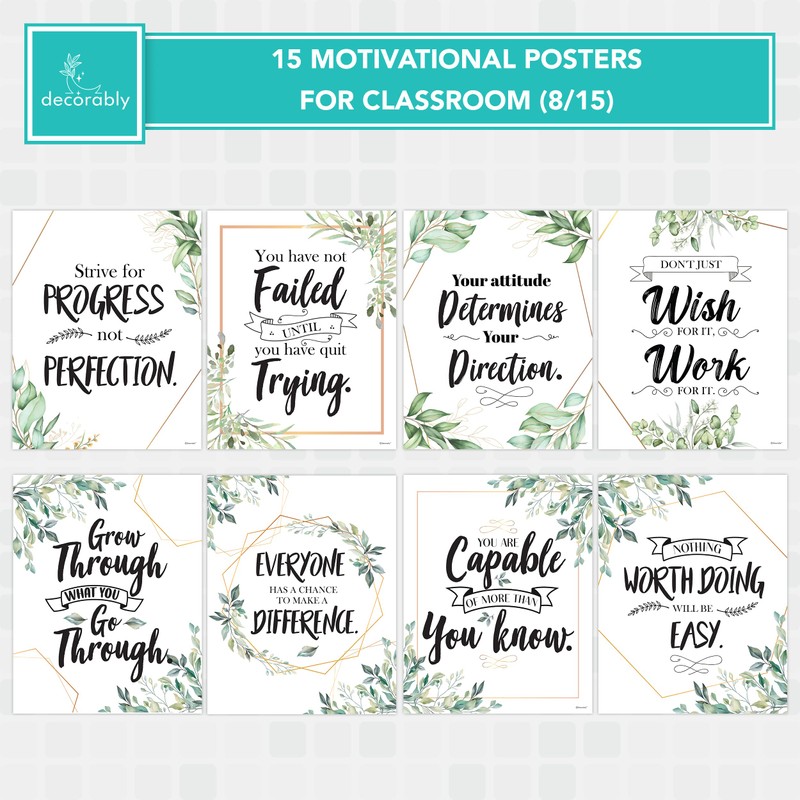 Decorably 15 Eucalyptus Classroom Posters Decor, 11x14in Matte-Laminated Inspirational Greenery