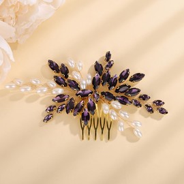 Rumtock Purple Rhinestones Beads Pearl Hair Comb for Wedding Brides Bridesmaid Women Special Occasion Hair Jewelry (Purple and Gold)