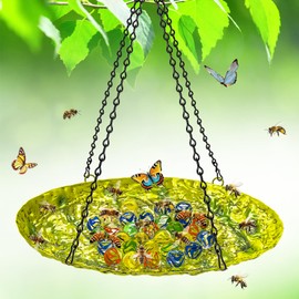 Bee Watering Station for Outside, Hanging Bee Butterfly Feeder for Garden, Metal Butterfly Puddler with Stone Texture Bee Drinking Bowl with Glass Marbles for Outdoors Yard Decor (Hanging-Ellipses)