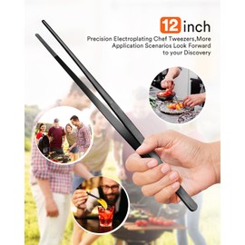 Kitchen Tweezers Fine Tweezer Tongs For Cooking, Black Stainless Steel Food Tweezers, Multi-function Precision Serrated Tips Cooking Tongs Kitchen Serving Tong (Black, 12 inch)