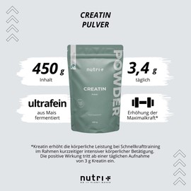 Creatine Monohydrate Powder 450 g - Creatine Pure 99.99% Pure - High Dosage, Ultra Fine, Vegan and Neutral - Nutri + Creatine Powder Mono Mesh 200 without Flavour - Premium Quality