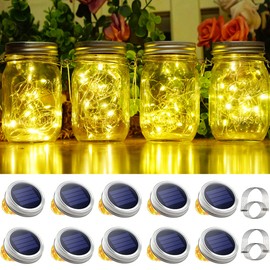 SmilingTown 10 Pack 30 LED Solar Mason Jar Lid String Lights,Fairy Lights Including 10 Pcs Hangers,for Indoor Outdoor Wedding Patio Garden Party Decorations Gift(No Jars) (Warm White)