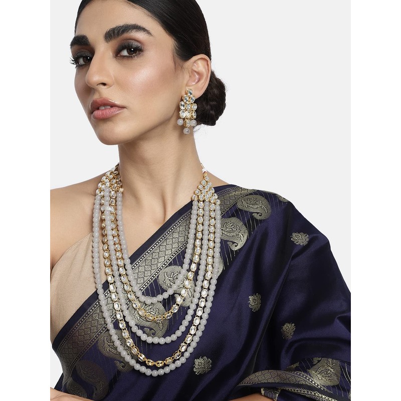 Aheli Kundan Pearl Long Multi Layered Collar Pendientes Set Joyería