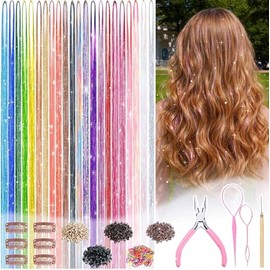 Kit de oropel para el cabello, 22 colores, para niñas y mujeres, 48 pulgadas, 8800 hebras con herramientas, accesorios para el cabello, extensiones de
