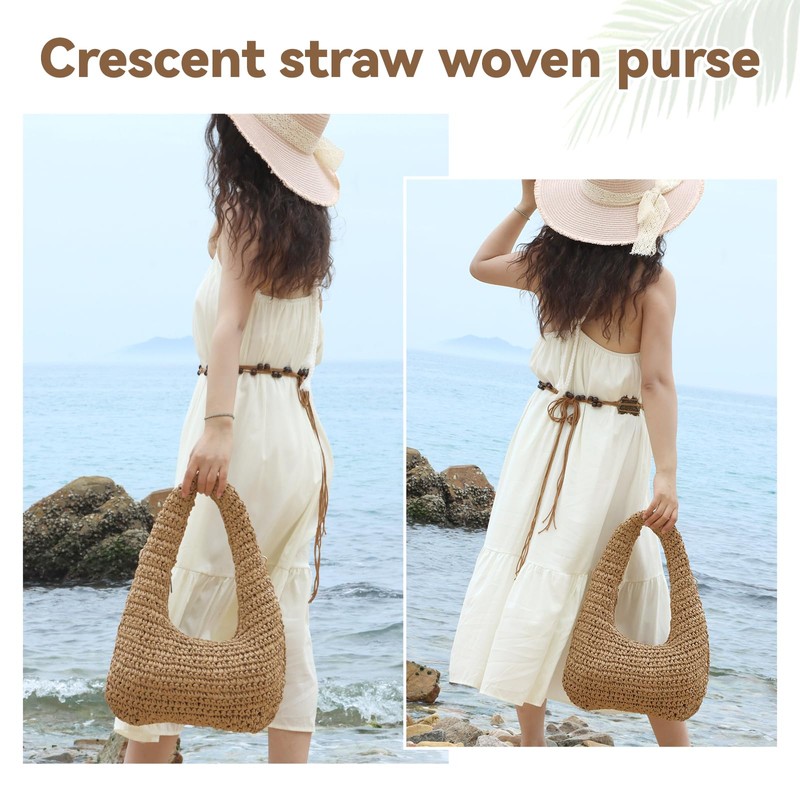 LHHMZ Women Crescent Straw Bag Summer Beach Raffia Hobo Shoulder