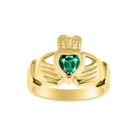*RYLOS Claddagh, Chaddah, Cladder Love, Loyalty Freindship Green Emerald & Diamond Ring - May Birthstone*