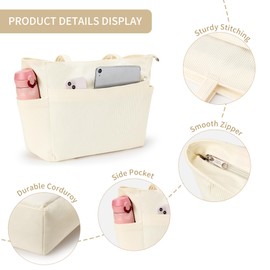 KALIDI Corduroy Tote Bag Large Tote Bag With Zip Pockets Cord Beige Tote Bag For Women School Work College Uni