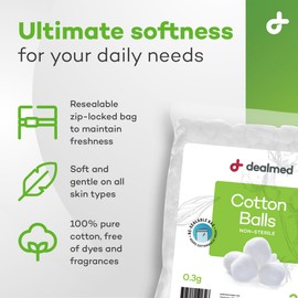 Dealmed 300 ct. Cotton Balls for Face, Makeup, Medical Uses, & DIY Crafts | Non-Sterile Bulk Pack | Resealable Zip-Locked Bag | 100% Pure Cotton, Soft, Absorbent, Gentle (Pack of 1)