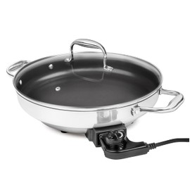 Electric Skillet By CucinaPro- 18/10 Stainless Steel, Frying Pan w Non Stick Interior, Tempered Glass Lid w Handles, 12" Round, Temperature Control Probe for Adjustable Heat Settings, Portable, Gift