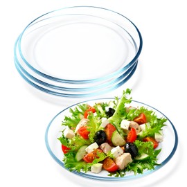 NUTRIUPS 4 Pack 9in Glass Dinner Plates - with Lipped Edge - Clear Tempered Glass Plates, Glass Serving Dinnerware for Pasta, Salad, Dishwasher & Microwave Safe