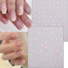 6Pcs Independence Day Star Nail Art Stickers Decals 3D Self-Adhesive Shiny Star Nails Decals Glitter Black White Pink Blue Five Pointed Stars Nail Stickers French Starlight Nails Supplies Decoration