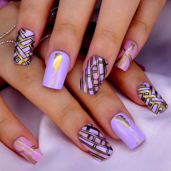 24PCS Women's Bling Press On Nails Coffin - Light Purple