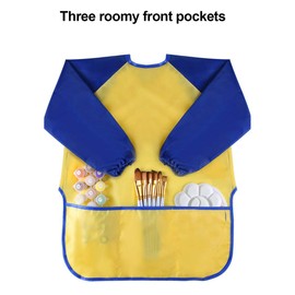NATUCE 2 Pack Kids Art Smock Toddler Children Painting Apron, Waterproof Play Apron Long Sleeves With 3 Roomy Pockets Age 3-7 Years Girls And Boys for Painting, Craft, Water Play, Eating(Blue+Yellow)