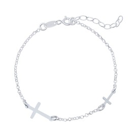 WANDA PLATA Genuine Silver Bracelet for Girls and Boys Women, Two Crosses Made of 925 Sterling Silver, Horizontal Cross Bracelet with Adjustable Chain in Gift Box, Sterling Silver