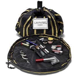Lay-n-Go Cosmo Drawstring Cosmetic & Makeup Bag Organizer - Portable Drawstring Makeup Bag w/Zipper Pocket, Makeup Loops & More - Durable, Machine Washable Makeup Bag for Travel (20”, Black & Gold)