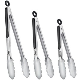 Hotec Stainless Steel Kitchen Tongs, Set of 3-7 Inches, 9 Inch and 12 Inches, Lockable Metal Food Tongs for Cooking, Serving, Grilling, Grilling, Non-Slip Handle