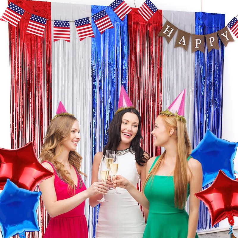 4th of July Foil Fringe Curtains, Red White Blue Streamers