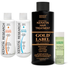Tratamiento Profesional de Keratina Chocolate GOLD LABEL, Fórmula Mejorada y Diseñada Para Los Tipos de Cabello Rizado Grueso Negro, Africano, Dominicano y Brasileño. Set de 4 Botellas 120ml