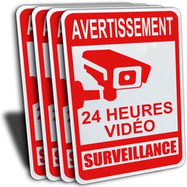 4 Packs de Avertissment 24 Heures Vidéos Signe, 7 Pouces par 10 Pouces, Rouge, Aluminium. 4 French Video Surveillance Signs. 7" x 10", Red, Aluminum. (4 Pack 7 X 10 signe de surveillance vidéo)