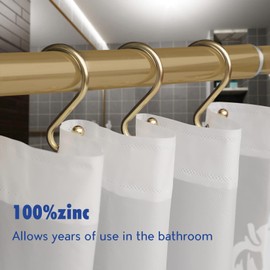 Metal Shower Curtain Hooks，Set of 12 Rings，Rust Resistant S Shaped Hooks Hangers for Shower Curtains, Kitchen Utensils, Clothing, Towels, etc. (Gold)