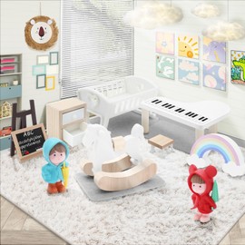 10PCS Miniature Dollhouse Babyroom Furniture Set, Wooden Mini Furniture Dollhouse Accessories with Piano, Pretend Play Furniture Toys for Kids Age 3+ Birthday