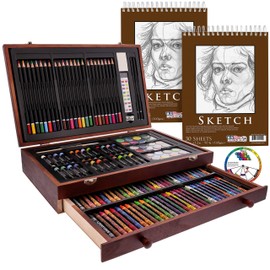 U.S. Art Supply Mega Art Set: 143-Piece Wooden Case, 2 Sketch Pads, 24 Watercolors, 24 Oil Pastels, 24 Colored Pencils, 60 Crayons