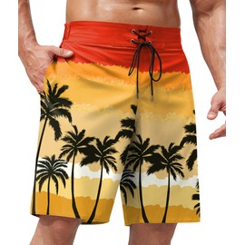 ERECT PEAK Mens Palm Tree Bathing Suit Drawstring Swimwear Graphic Summer Pocket Beach Vacation Boardshort Yellow M