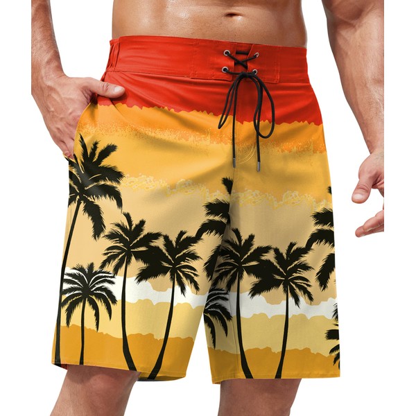 ERECT PEAK Mens Palm Tree Bathing Suit Drawstring Swimwear Graphic