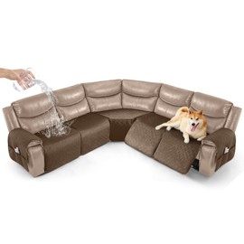 Timeles Waterproof Velvet Reclining Corner Sectional Couch Covers Extra Large L-Shaped Recliner Sofa Slipcover Without Backrest Thick Soft Washable (Light Brown, 5-Seat Set)