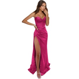 Tvuyet 2025 Prom Dresses for Women Hot Pink Ball Gown Split Spaghetti Straps Corset Evening Gowns Hot Pink 6