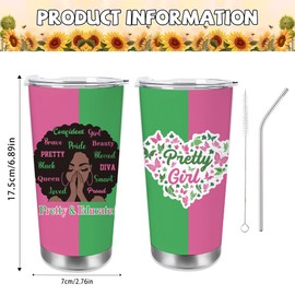 VeloKomo Sorority Gifts for Women - Pink and Green Tumbler Black Girl Water Cup with Brush and Straw 20 Oz Car Coffee Cups Sisterhood Graduation Birthday Gift for Girls Sister Daughter Bestie Friends