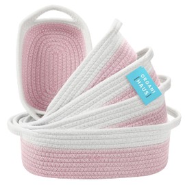 OrganiHaus Set of 5 Rectangle Storage Baskets for Organizing, Small Woven Baskets for Storage Basket for Bathroom, Nursery Storage Basket for Baby Nursery Organization, Small Organizer Bins Pink/White