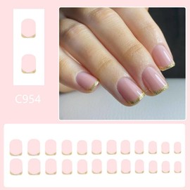 Gold Glitter French Tips Press on Nails Short Square Glue on Nails with Nude Pink Design Glossy Nude False Nails Spring Stick on Nails Cute Full Cover Summer Fake Nails for Women Girls Manicure 24Pcs