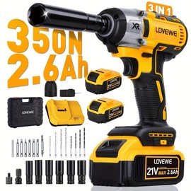 [Brushless Impact Wrench] LOWEWE 1/2 Inch Brushless Impact Wrench, 258 ft-lbs 350 Nm Torque, 2x 2.6Ah Batteries, 21V Electric Impact Gun with 6 Sockets and Full Accessories for Car and Home - Colour: 1*2.6AH Battery(Blue) + Carton