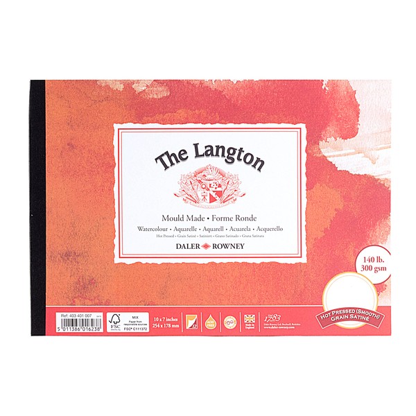 Daler-Rowney The Langton Hot-Pressed 300 gsm 10 x 7 in Watercolour Paper Pad, Glued 1 Side, Acid-free, 12 Natural White Sheets, Ideal for Professional Artists