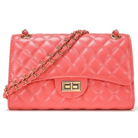 DIUY Quilted Leather Crossbody Bags for Women Trendy Ladies Shoulder Purse Satchel HandBag with Chain Strap,Coral Red