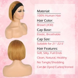 Adette Bob Human Hair Headband Wigs Straight Brown Wigs For Black Women Short Bob Human Hair Wigs Color #30 Golden Brown None Front Lace 150% Density Brazilian Human Hair (12")